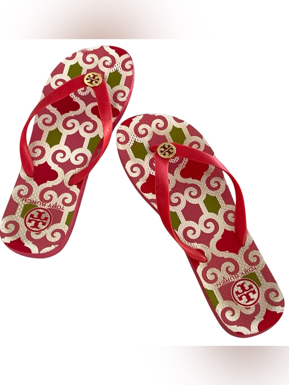 Tory Burch Pink and Green Flip Flops in Good Condition 10